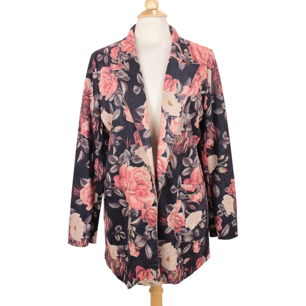 Solitaire Floral Faux Suede Coat Jacket‎ size L Open Front Pockets